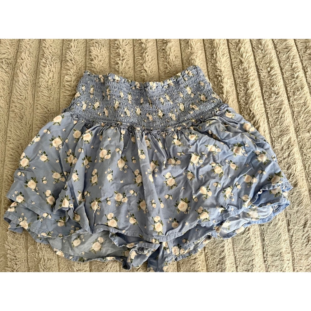 Hollister Floral Smocked Ultra High-Rise Skort Blue Ruffle Mini Size S